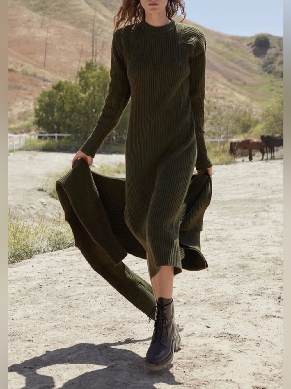 Anine Bing Aurora Dress Ribbed Midi Sweater Dress - Army Green Size Small